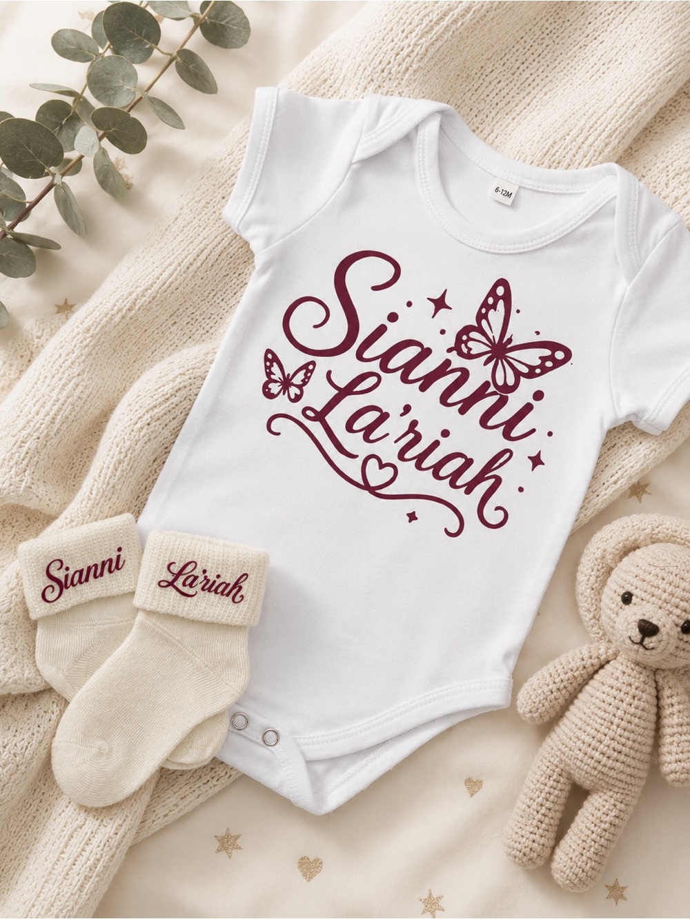 Personalized White Baby Onesie with Burgundy Script & Butterflies